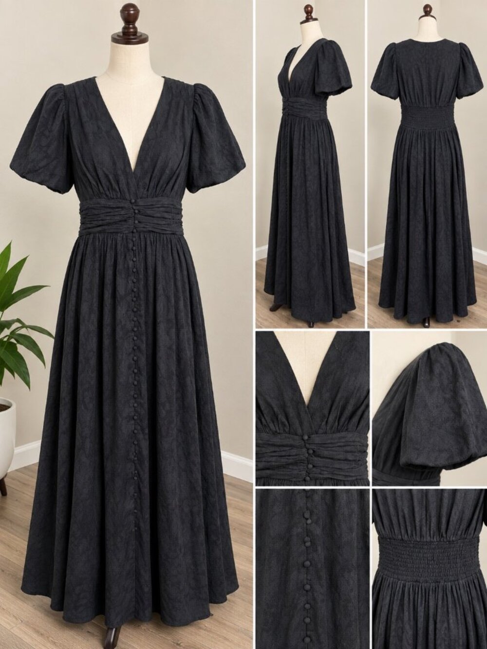 Anthropologie Black Jacquard Maxi Dress Puff Sleeve Button Front M